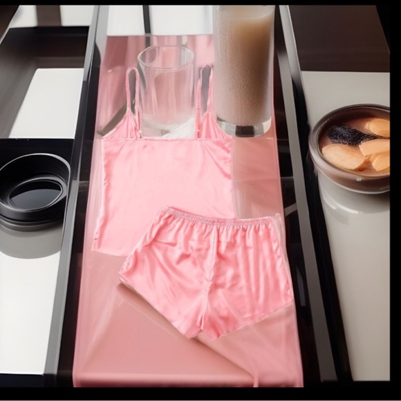 🖤 - Satin Lace Over Chest W/ Adjustable Strips Cami Top & Short Pajama 2Pc Set - Picture 7 of 8